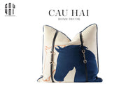 Vỏ Gối Velour Ivoire Perlé Royale Équestre Bleu Harness 45-CẬU HAI HOME DECOR