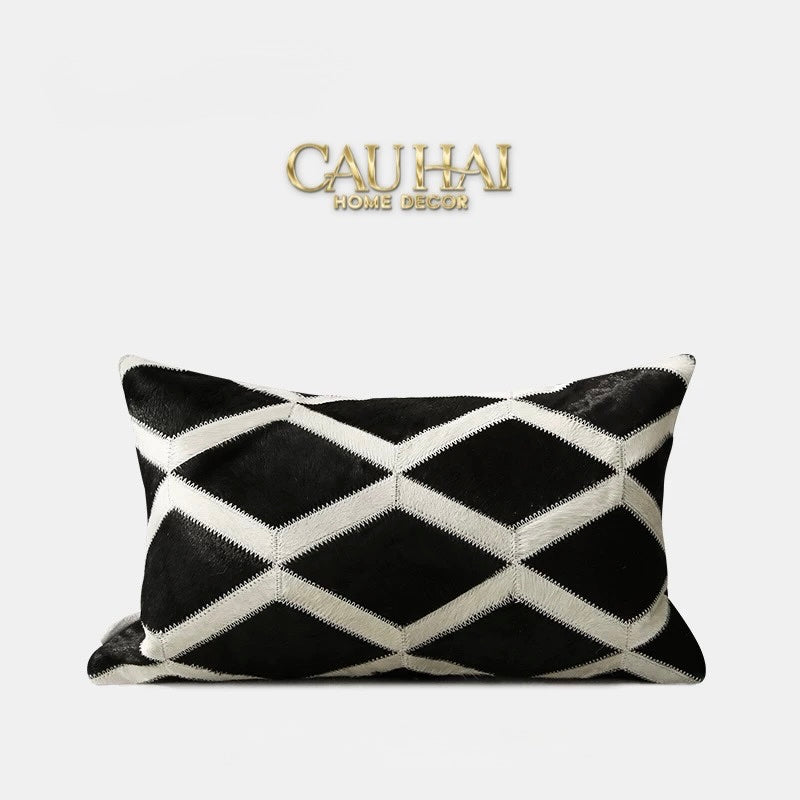 HOME COUTURE - VỎ GỐI DA LIGNES DE LOSANGES EN CUIR NOIR 50-CẬU HAI HOME DECOR