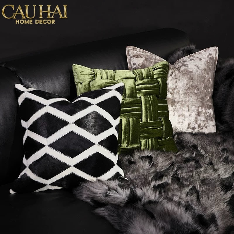 HOME COUTURE - VỎ GỐI DA LIGNES DE LOSANGES EN CUIR NOIR 50-CẬU HAI HOME DECOR