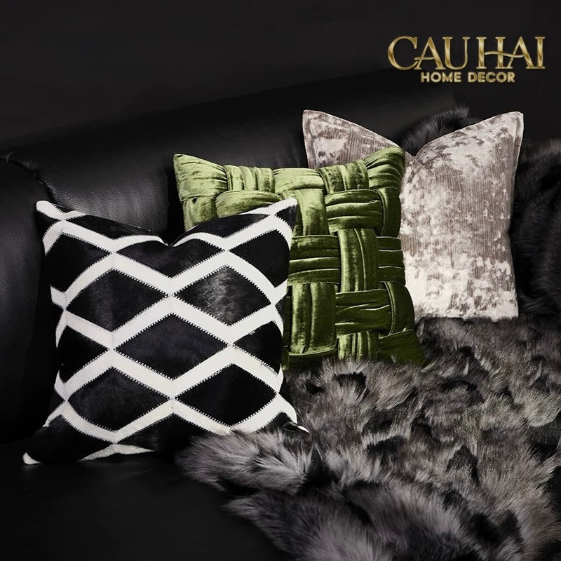 HOME COUTURE - VỎ GỐI DA LIGNES DE LOSANGES EN CUIR NOIR 50-CẬU HAI HOME DECOR