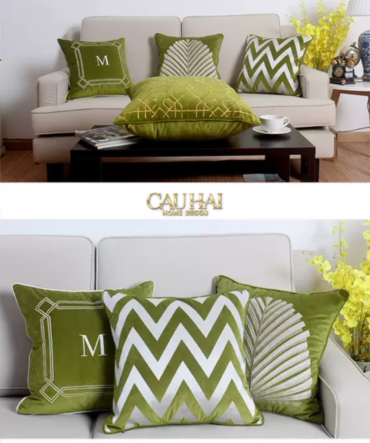 VỎ GỐI NHUNG OLIVE QUATREFOIL 45 - CẬU HAI HOME DECOR