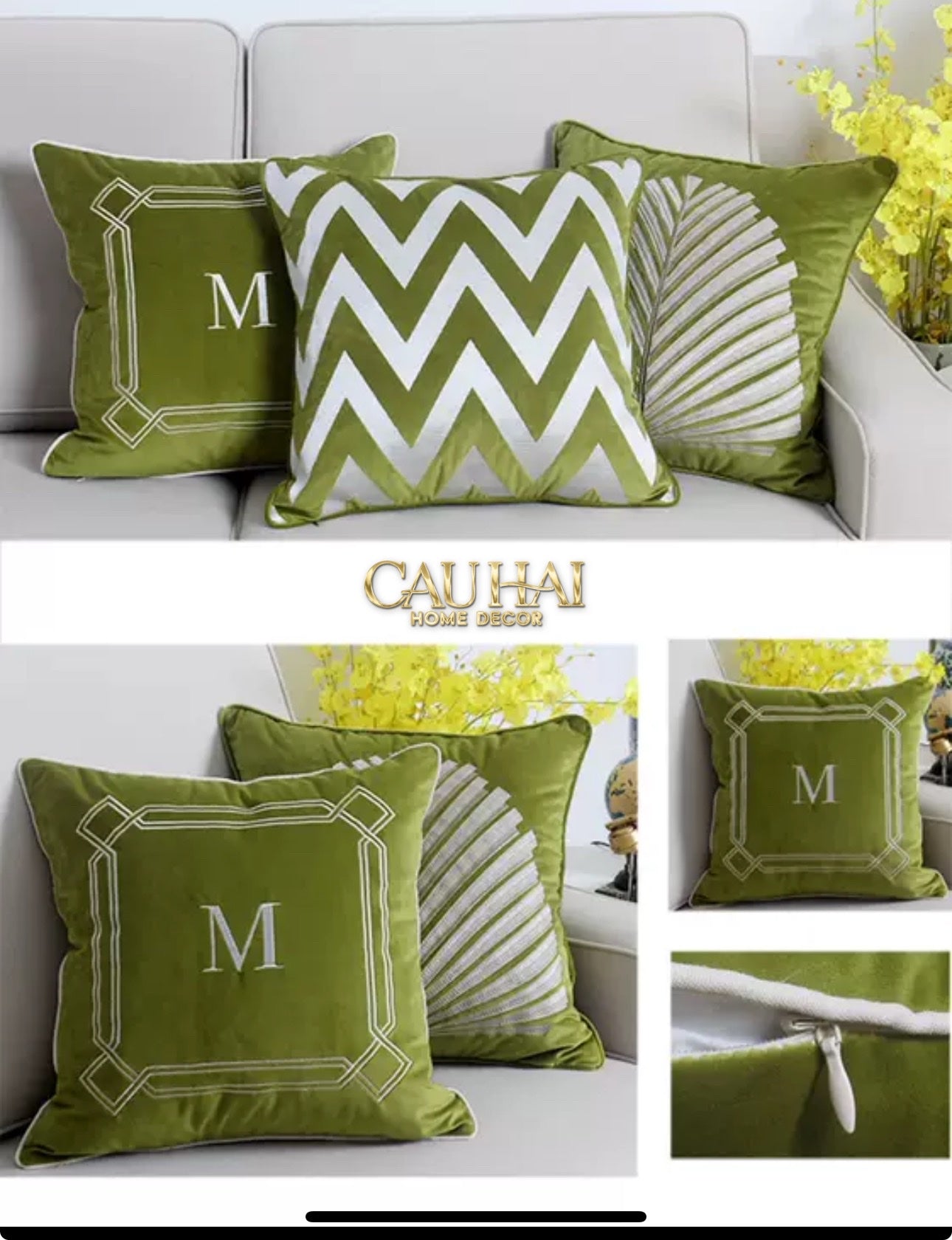 VỎ GỐI NHUNG OLIVE QUATREFOIL 45 - CẬU HAI HOME DECOR