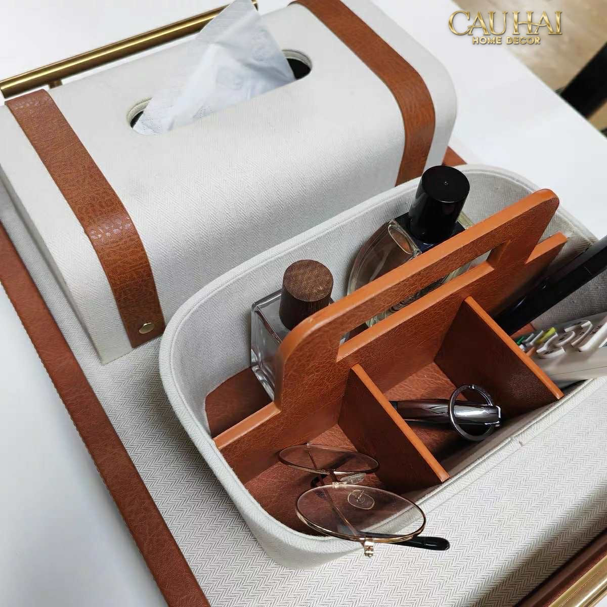 HOME COUTURE - SET KHAY HỘP GIẤY CANVAS LUX LEATHER HAVANA 3PCS - CẬU HAI HOME DECOR