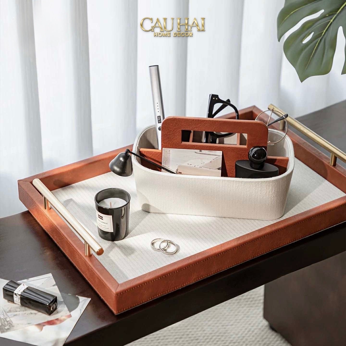 HOME COUTURE - SET KHAY HỘP GIẤY CANVAS LUX LEATHER HAVANA 3PCS - CẬU HAI HOME DECOR