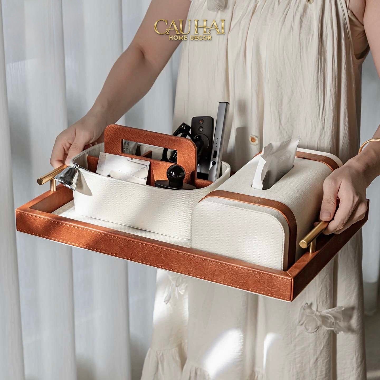 HOME COUTURE - SET KHAY HỘP GIẤY CANVAS LUX LEATHER HAVANA 3PCS - CẬU HAI HOME DECOR