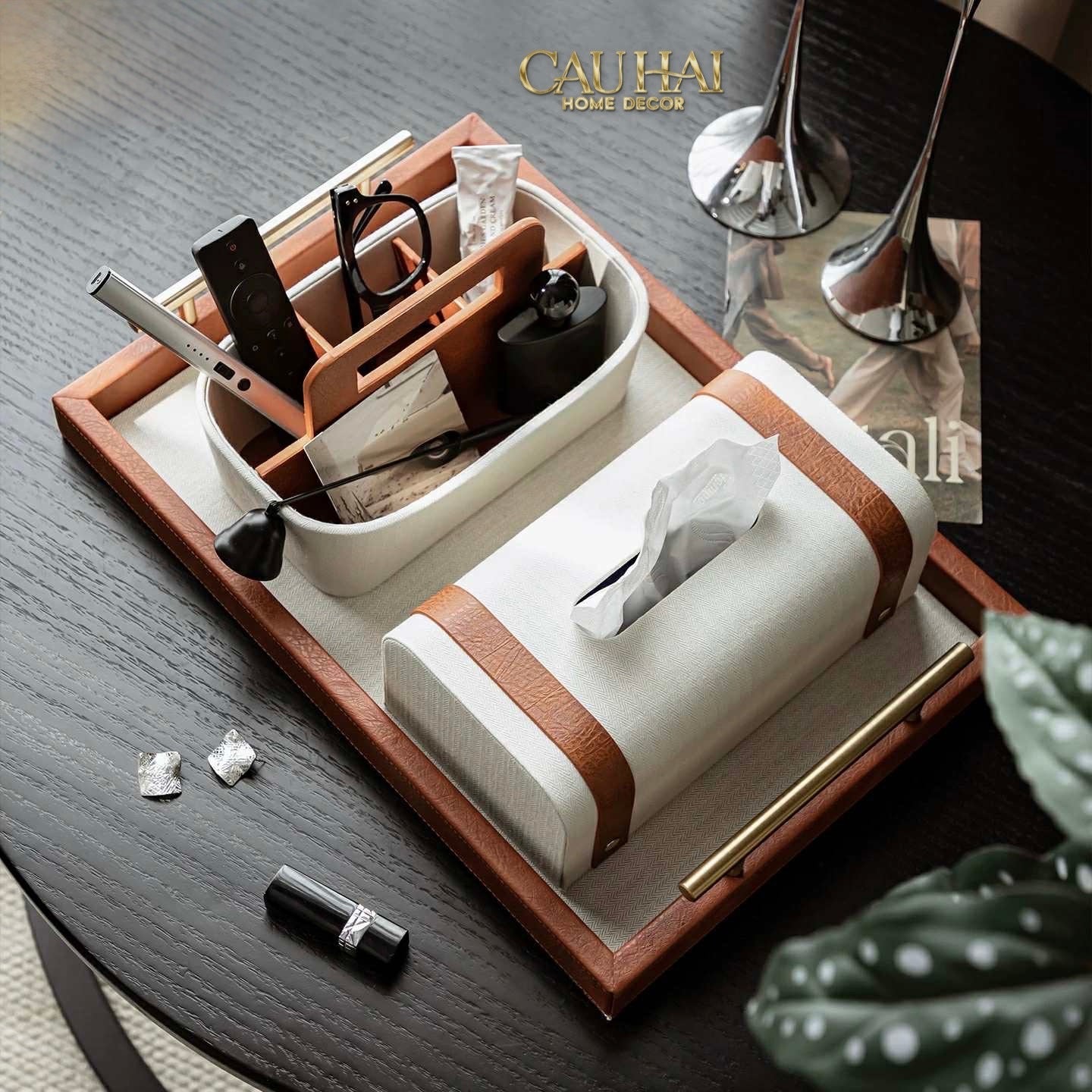 HOME COUTURE - SET KHAY HỘP GIẤY CANVAS LUX LEATHER HAVANA 3PCS - CẬU HAI HOME DECOR