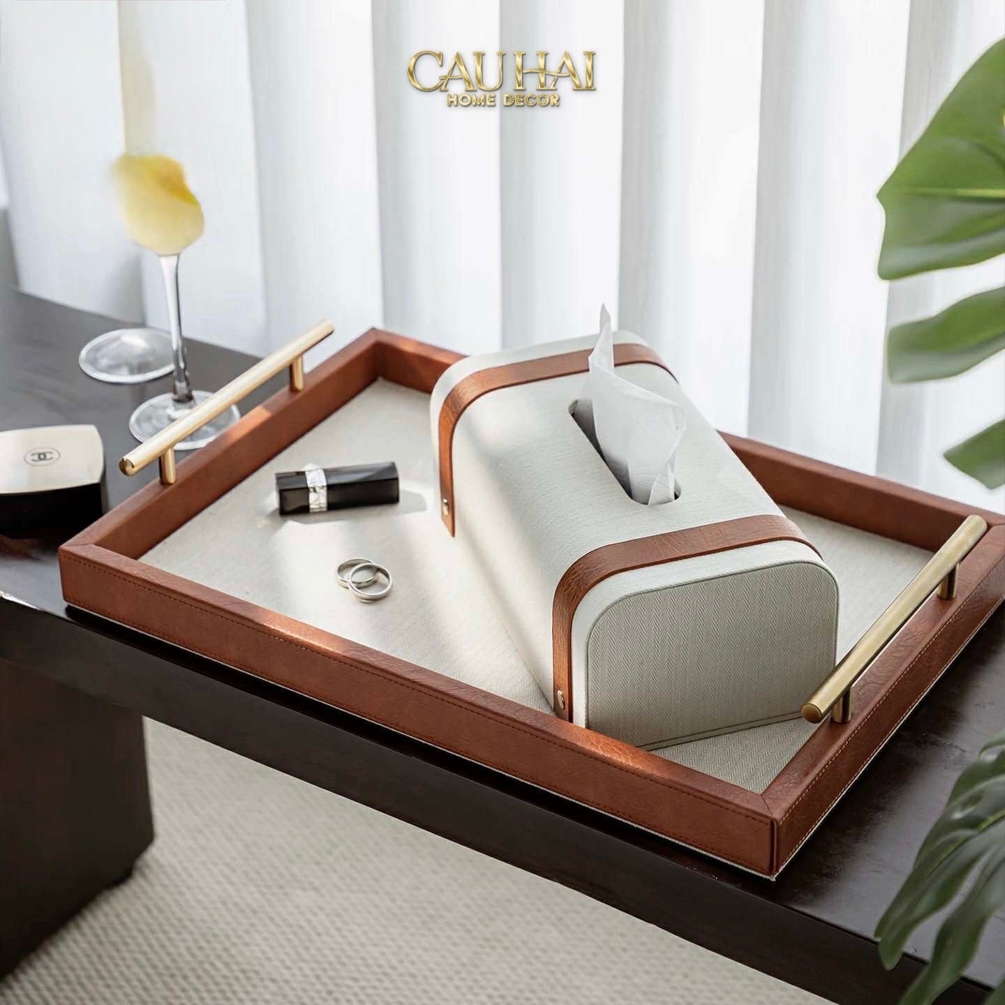 HOME COUTURE - SET KHAY HỘP GIẤY CANVAS LUX LEATHER HAVANA 3PCS - CẬU HAI HOME DECOR