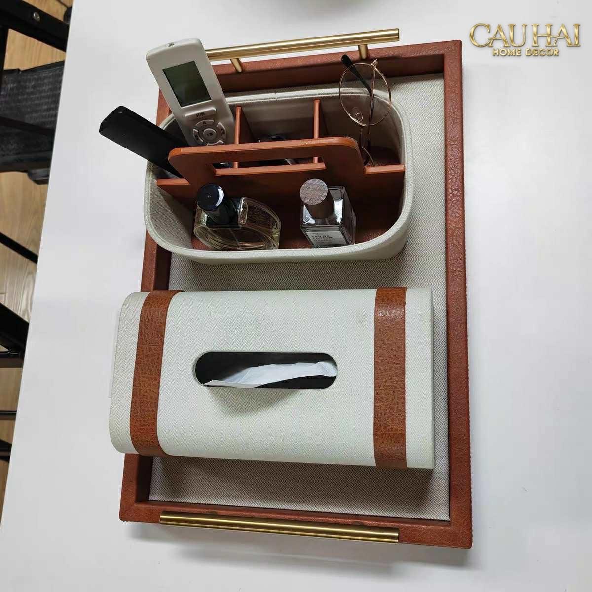 HOME COUTURE - SET KHAY HỘP GIẤY CANVAS LUX LEATHER HAVANA 3PCS - CẬU HAI HOME DECOR