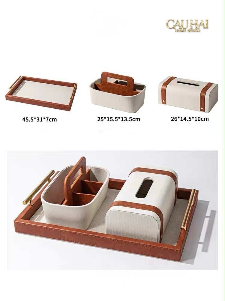 HOME COUTURE - SET KHAY HỘP GIẤY CANVAS LUX LEATHER HAVANA 3PCS - CẬU HAI HOME DECOR