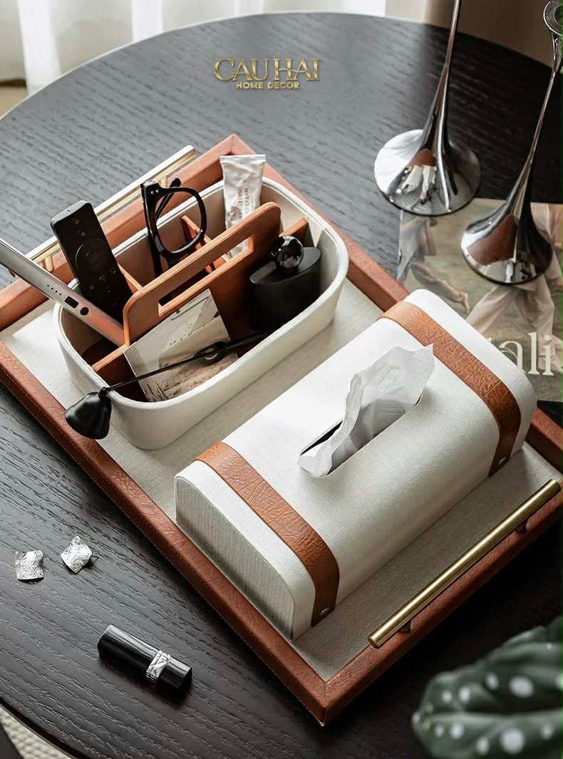 HOME COUTURE - SET KHAY HỘP GIẤY CANVAS LUX LEATHER HAVANA 3PCS - CẬU HAI HOME DECOR