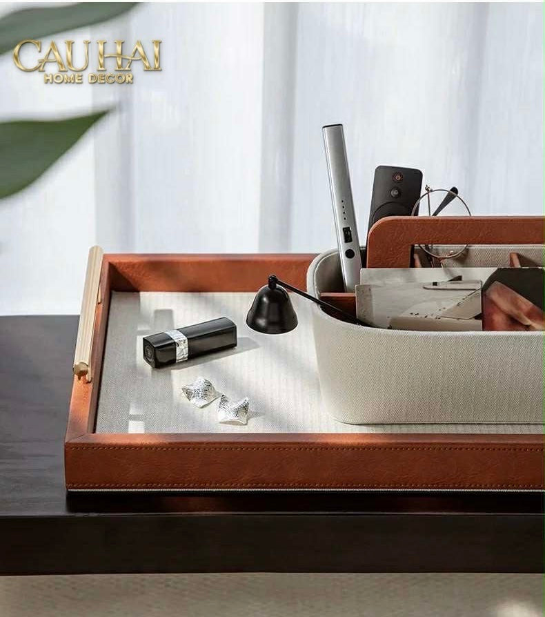 HOME COUTURE - SET KHAY HỘP GIẤY CANVAS LUX LEATHER HAVANA 3PCS - CẬU HAI HOME DECOR