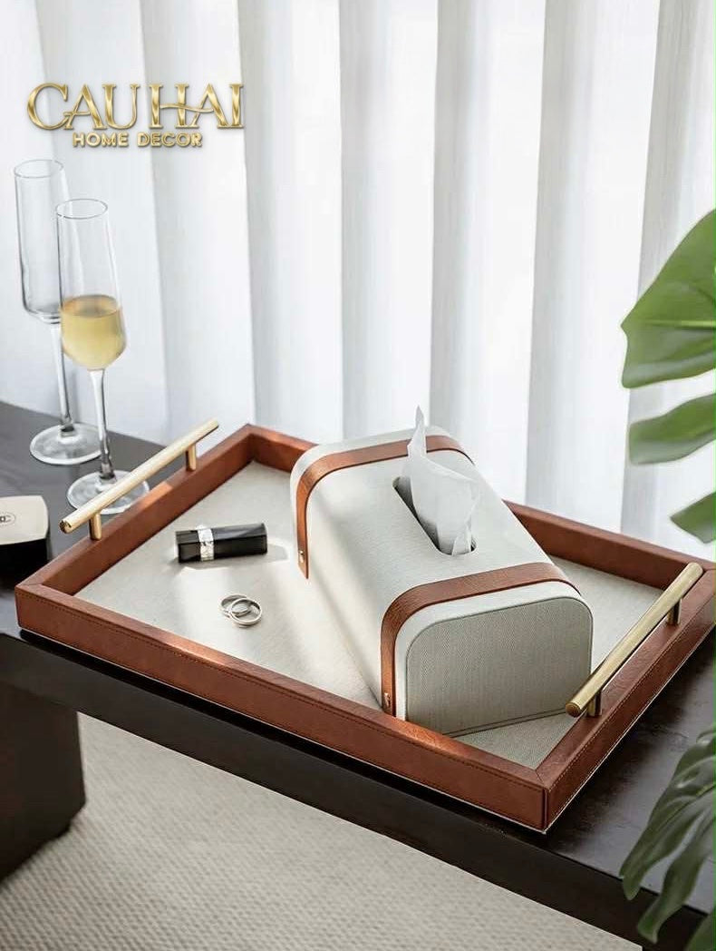 HOME COUTURE - SET KHAY HỘP GIẤY CANVAS LUX LEATHER HAVANA 3PCS - CẬU HAI HOME DECOR