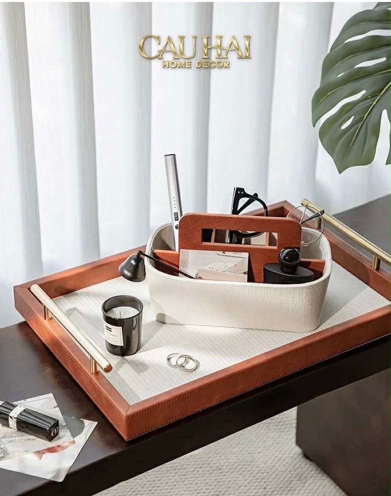 HOME COUTURE - SET KHAY HỘP GIẤY CANVAS LUX LEATHER HAVANA 3PCS - CẬU HAI HOME DECOR