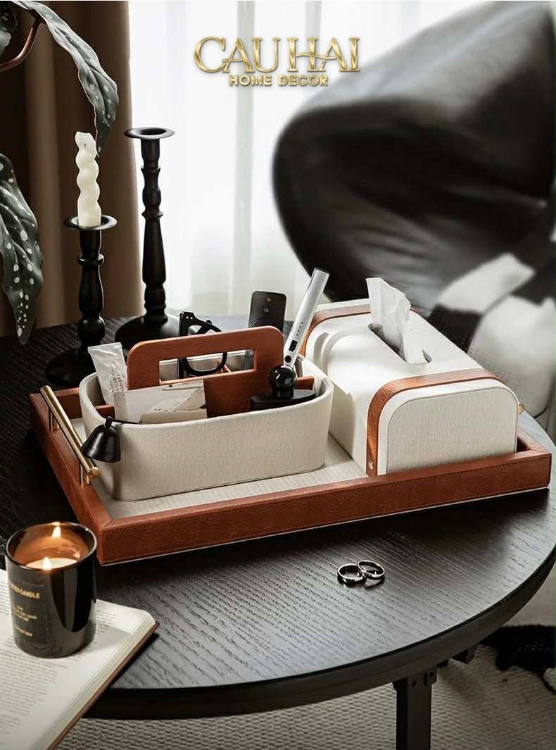 HOME COUTURE - SET KHAY HỘP GIẤY CANVAS LUX LEATHER HAVANA 3PCS - CẬU HAI HOME DECOR