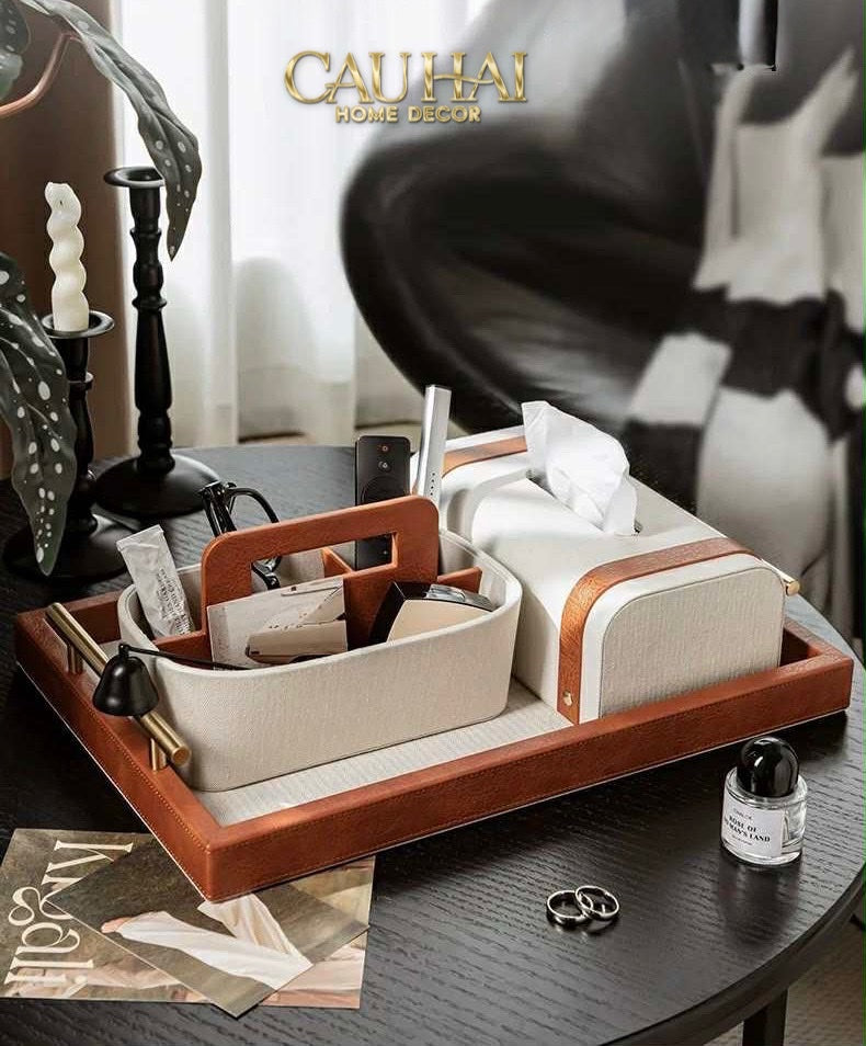 HOME COUTURE - SET KHAY HỘP GIẤY CANVAS LUX LEATHER HAVANA 3PCS - CẬU HAI HOME DECOR