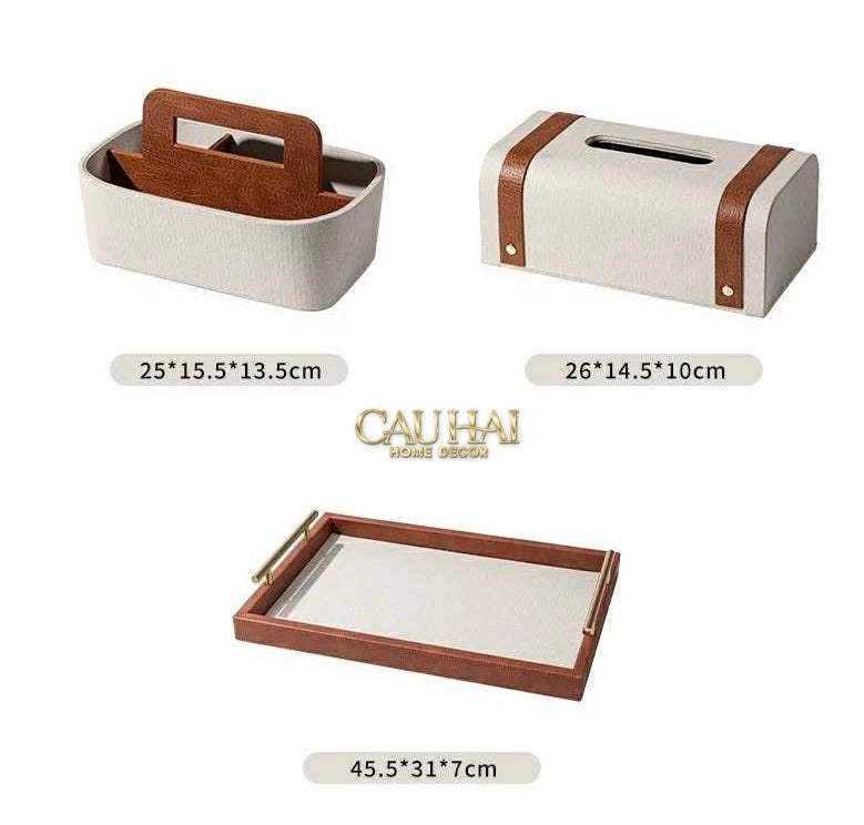 HOME COUTURE - SET KHAY HỘP GIẤY CANVAS LUX LEATHER HAVANA 3PCS - CẬU HAI HOME DECOR