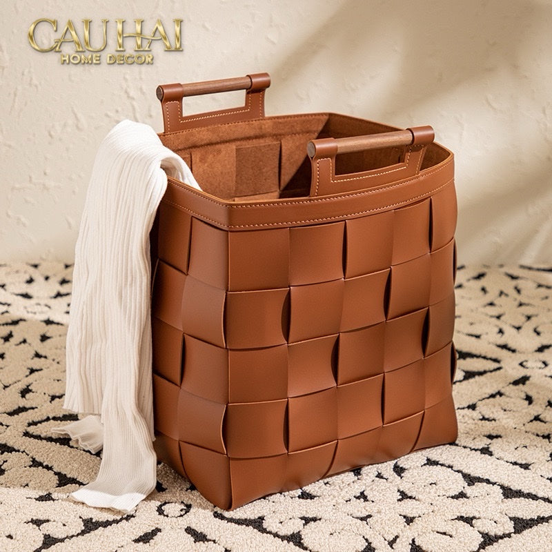 Giỏ Đựng Đồ Lux Leather Caramel Woven Laundry Bag - Special Charm.-CẬU HAI HOME DECOR