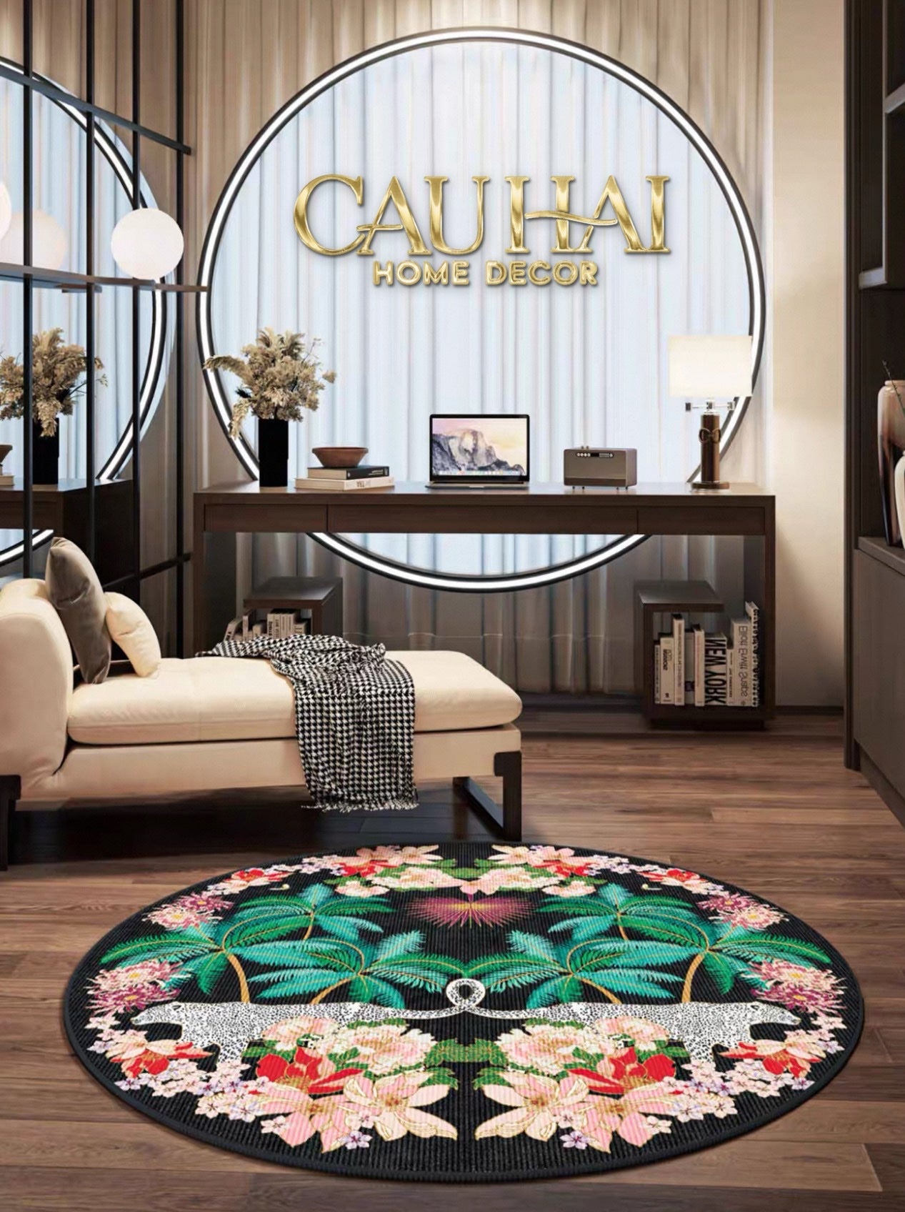 THẢM TRÒN NHUNG BỈ D160 NOCTURNE JUNGLE PANTHERA - CẬU HAI HOME DECOR