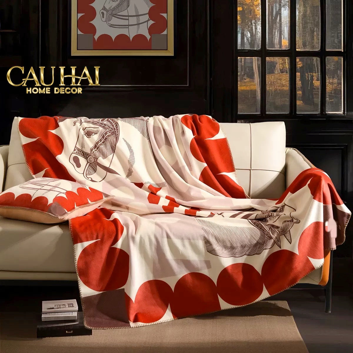 VỎ GỐI NHUNG COUSSIN ÉQUESTRE MÉDAILLON 45 - ROUGE FAUVE - CẬU HAI HOME DECOR