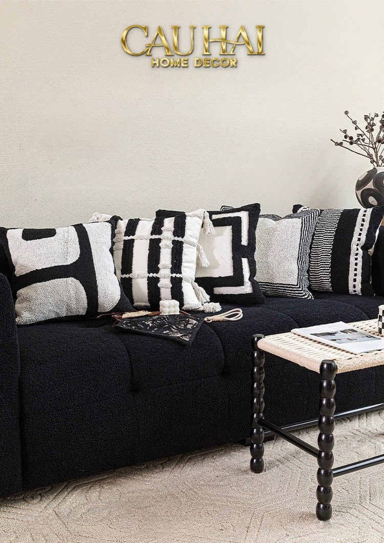 VỎ GỐI CANVAS MONO GEOMETRIC BORDER 45 - CẬU HAI HOME DECOR