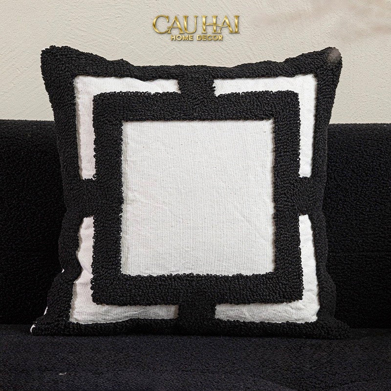 VỎ GỐI CANVAS MONO GEOMETRIC BORDER 45 - CẬU HAI HOME DECOR