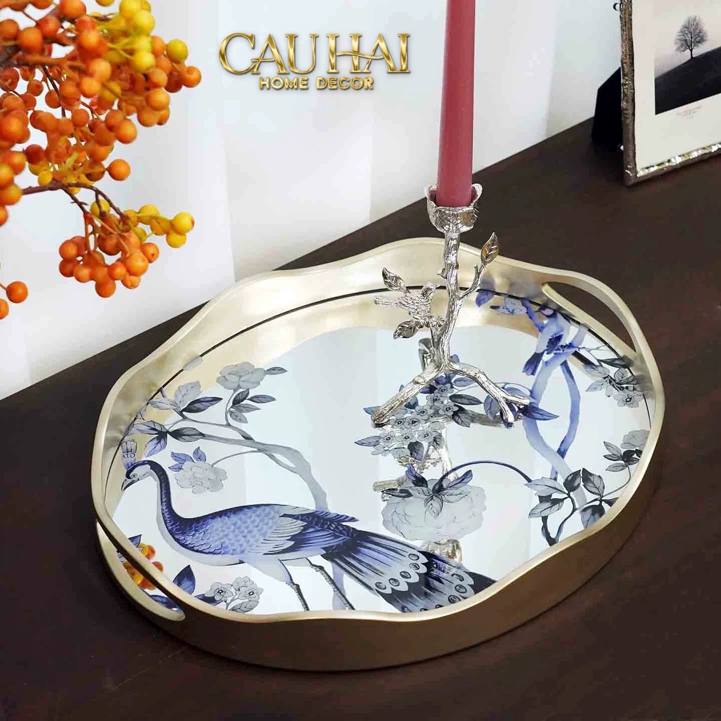 HOME COUTURE - KHAY GƯƠNG PLATEAU OVALE PAON ORIENTAL 30X38 - CẬU HAI HOME DECOR