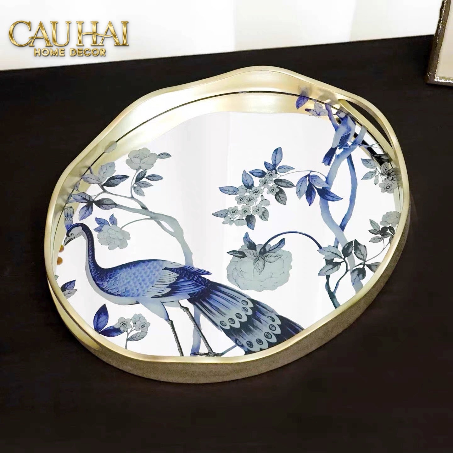 HOME COUTURE - KHAY GƯƠNG PLATEAU OVALE PAON ORIENTAL 30X38 - CẬU HAI HOME DECOR