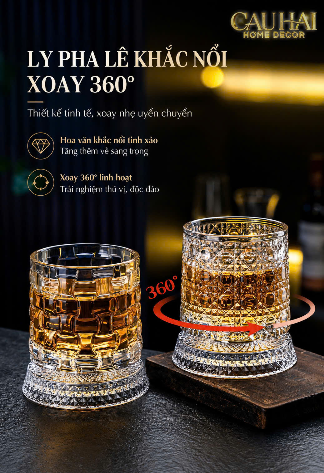 Set 2 Ly Whisky Thuỷ Tinh Đế Xoay - Éclet Spin Glass Set 2pcs